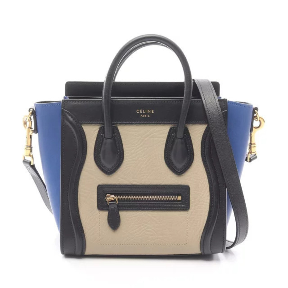Celine Luggage Tote Shopper Handbag Leather Beige Cream Black Blue